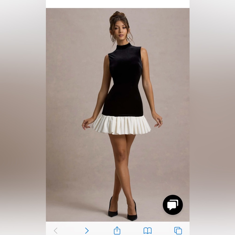 CLUB LONDON BAXTER BLACK & WHITE VELVET MINI DRESS WITH SATIN RUFFLE TRIM